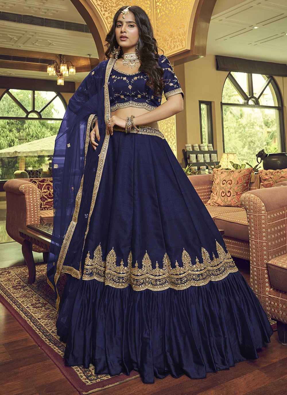 A Line Lehenga Satin Silk Blue Embroidered Lehenga Choli