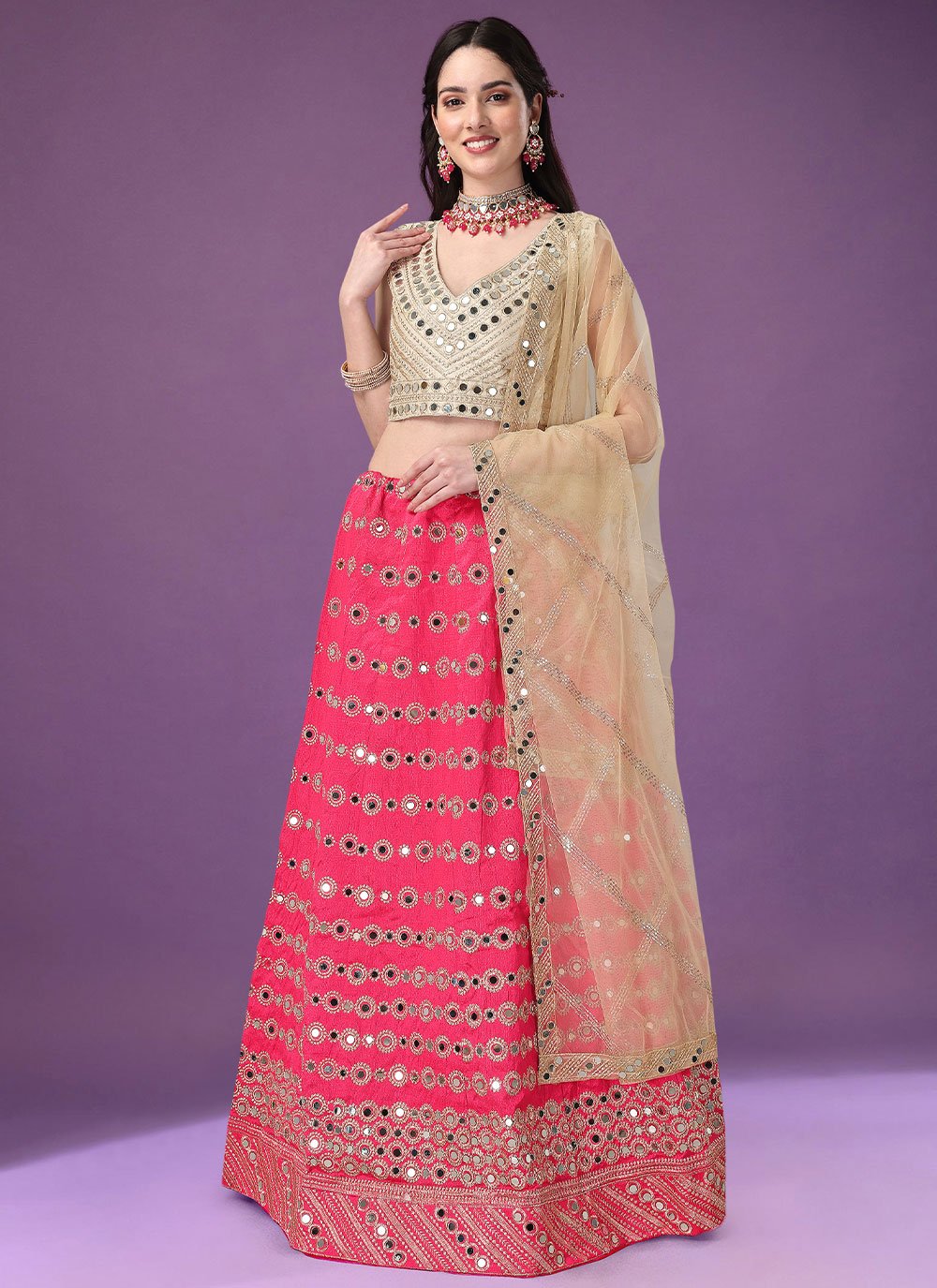 A Line Lehenga Net Satin Silk Pink Embroidered Lehenga Choli