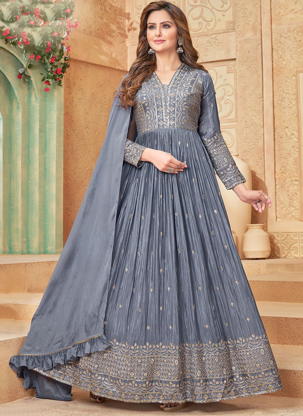 Gown Chinon Blue Embroidered Gown