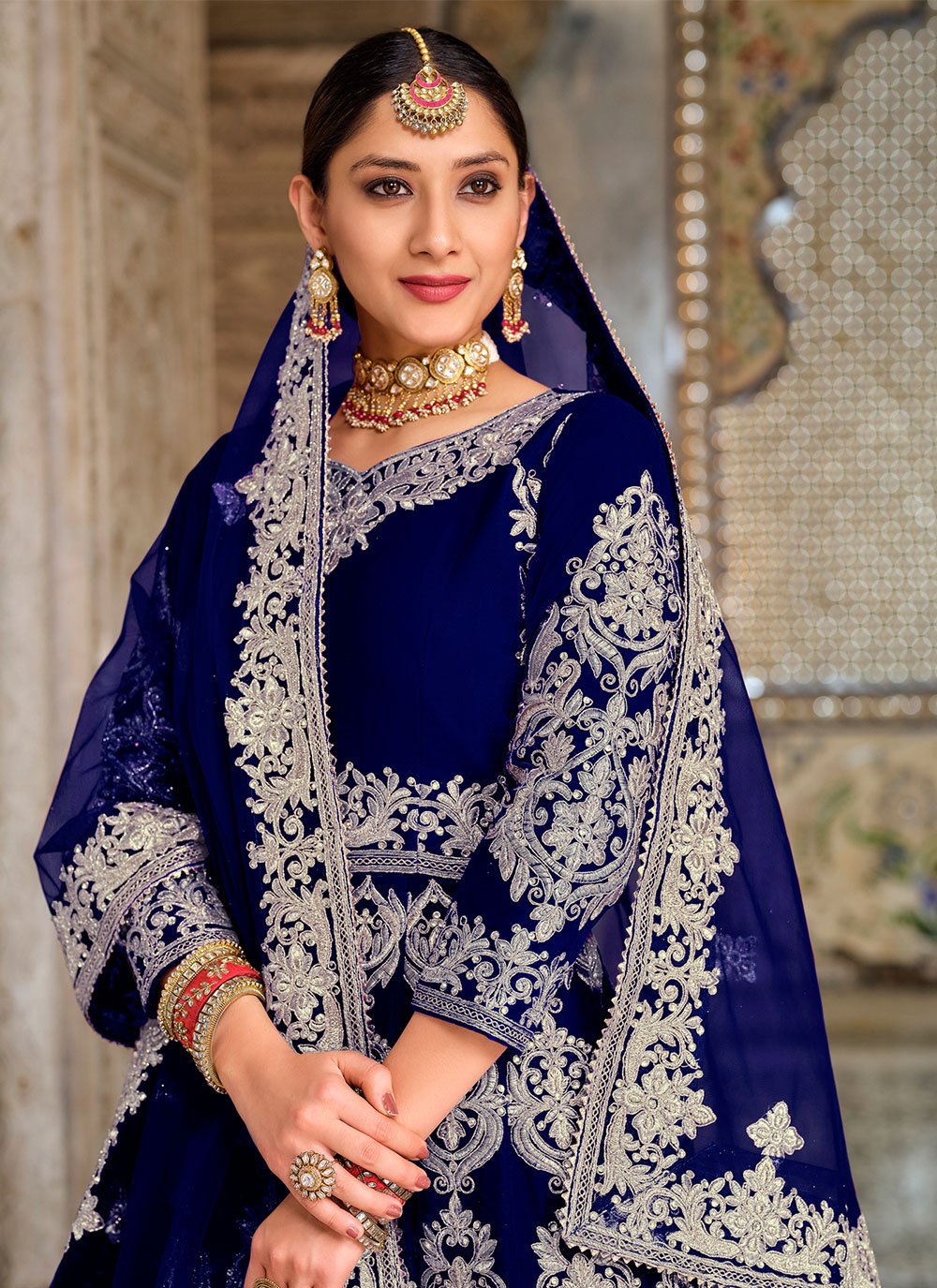 Lehenga Choli Velvet Blue Embroidered Lehenga Choli