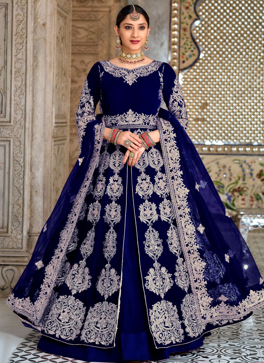 Lehenga Choli Velvet Blue Embroidered Lehenga Choli