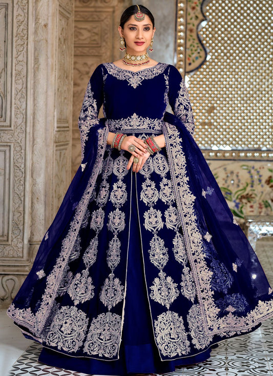 Lehenga Choli Velvet Blue Embroidered Lehenga Choli