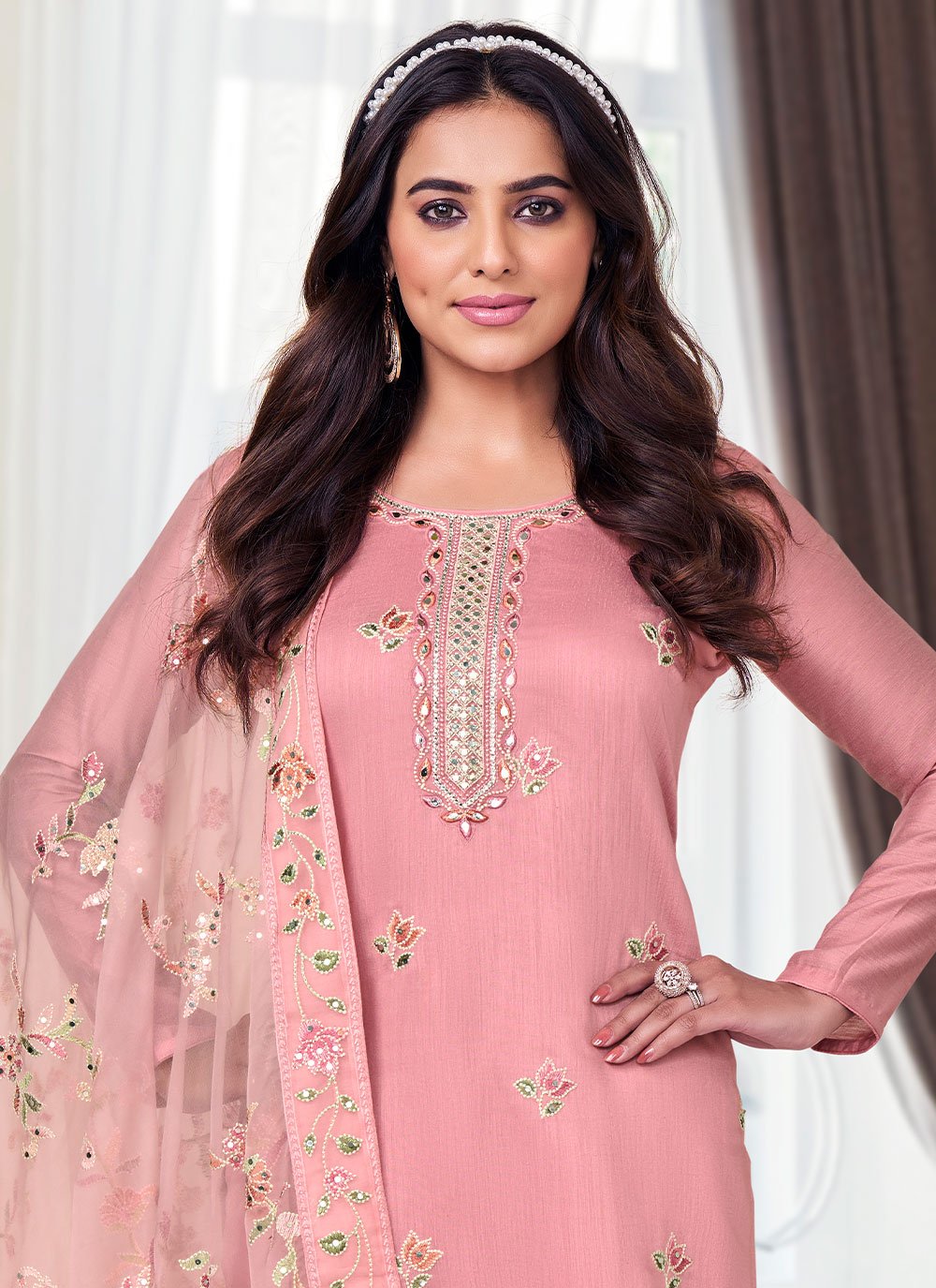 Pant Style Suit Silk Viscose Pink Embroidered Salwar Kameez