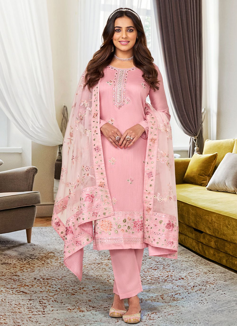 Pant Style Suit Silk Viscose Pink Embroidered Salwar Kameez