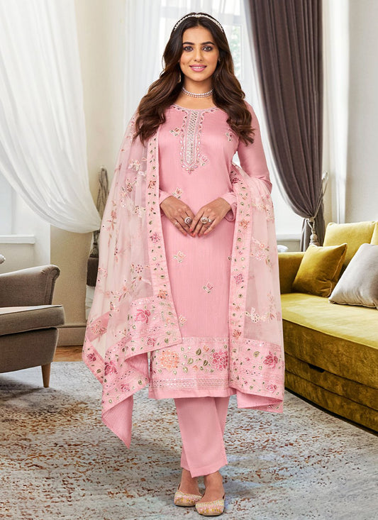 Pant Style Suit Silk Viscose Pink Embroidered Salwar Kameez