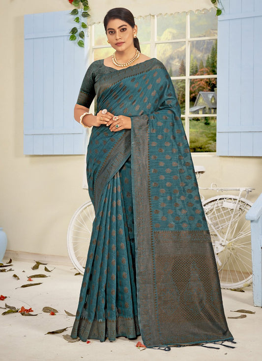 Traditional Saree Cotton Teal Embroidered Saree