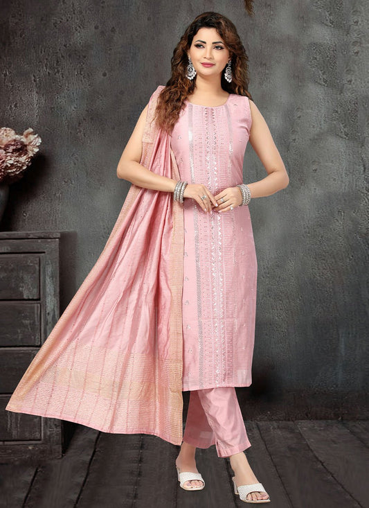 Salwar Suit Art Silk Pink Embroidered Salwar Kameez