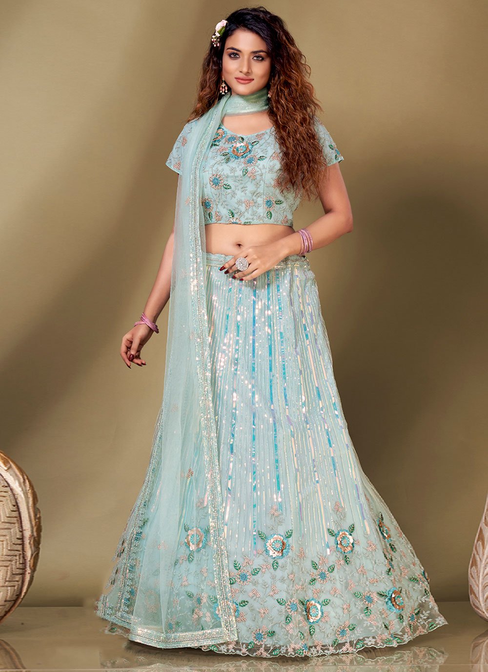 Readymade Lehenga Choli Fancy Fabric Aqua Blue Embroidered Lehenga Choli