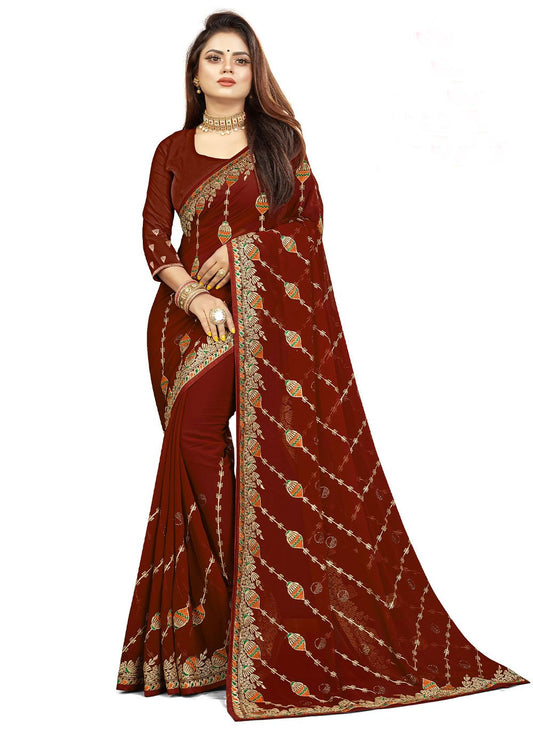 Trendy Saree Fancy Fabric Brown Embroidered Saree