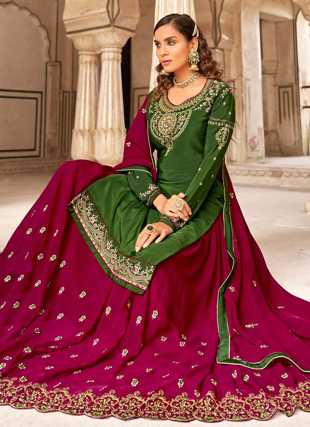 Lehenga Choli Faux Crepe Green Embroidered Lehenga Choli