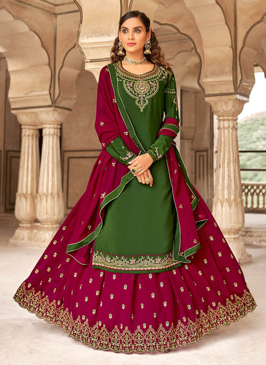 Lehenga Choli Faux Crepe Green Embroidered Lehenga Choli