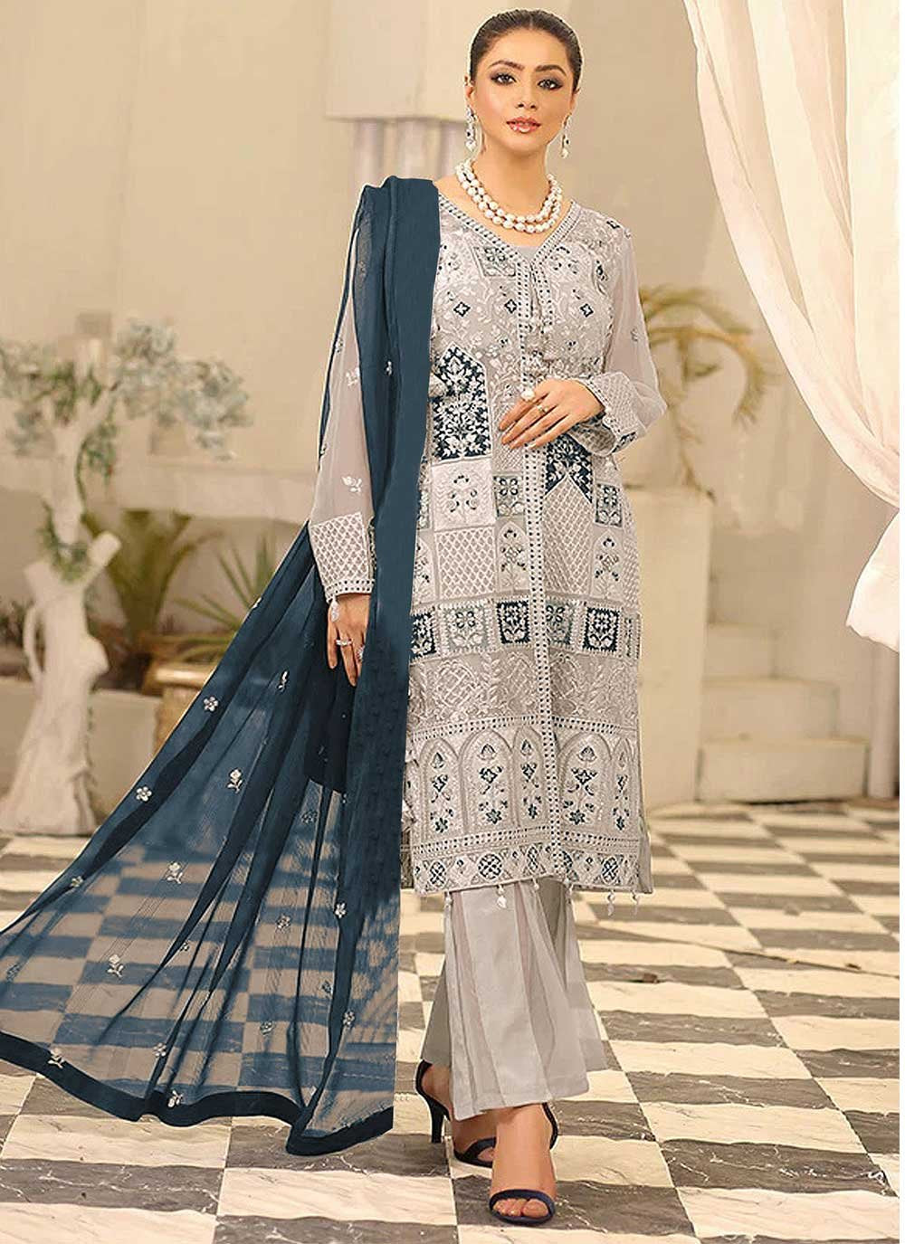 Pakistani Salwar Suit Faux Georgette Grey Embroidered Salwar Kameez