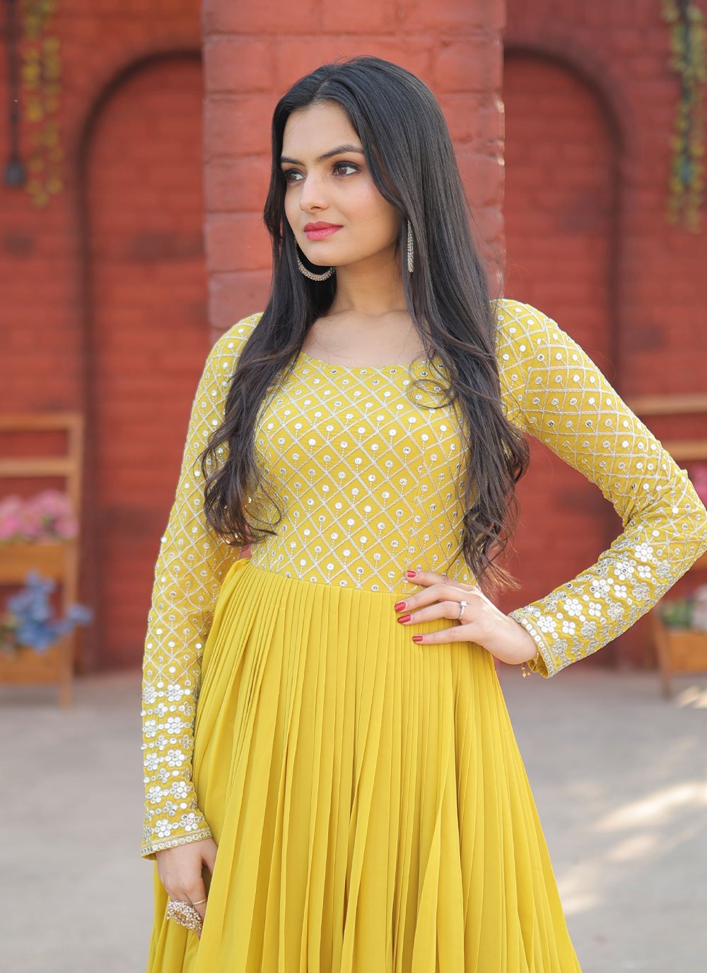 Gown Faux Georgette Yellow Embroidered Gown