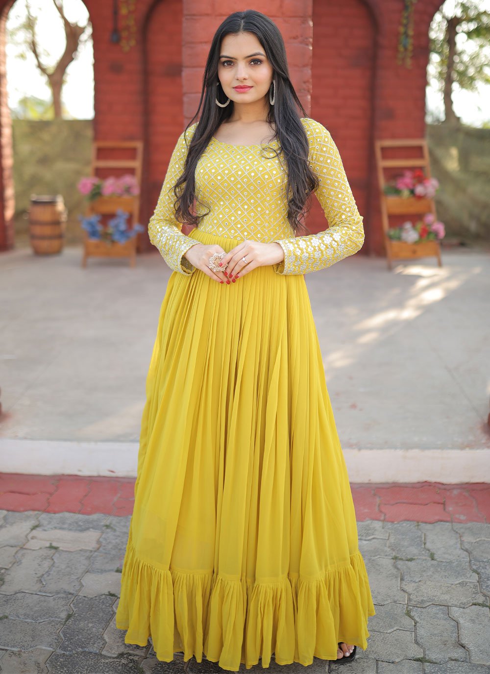 Gown Faux Georgette Yellow Embroidered Gown