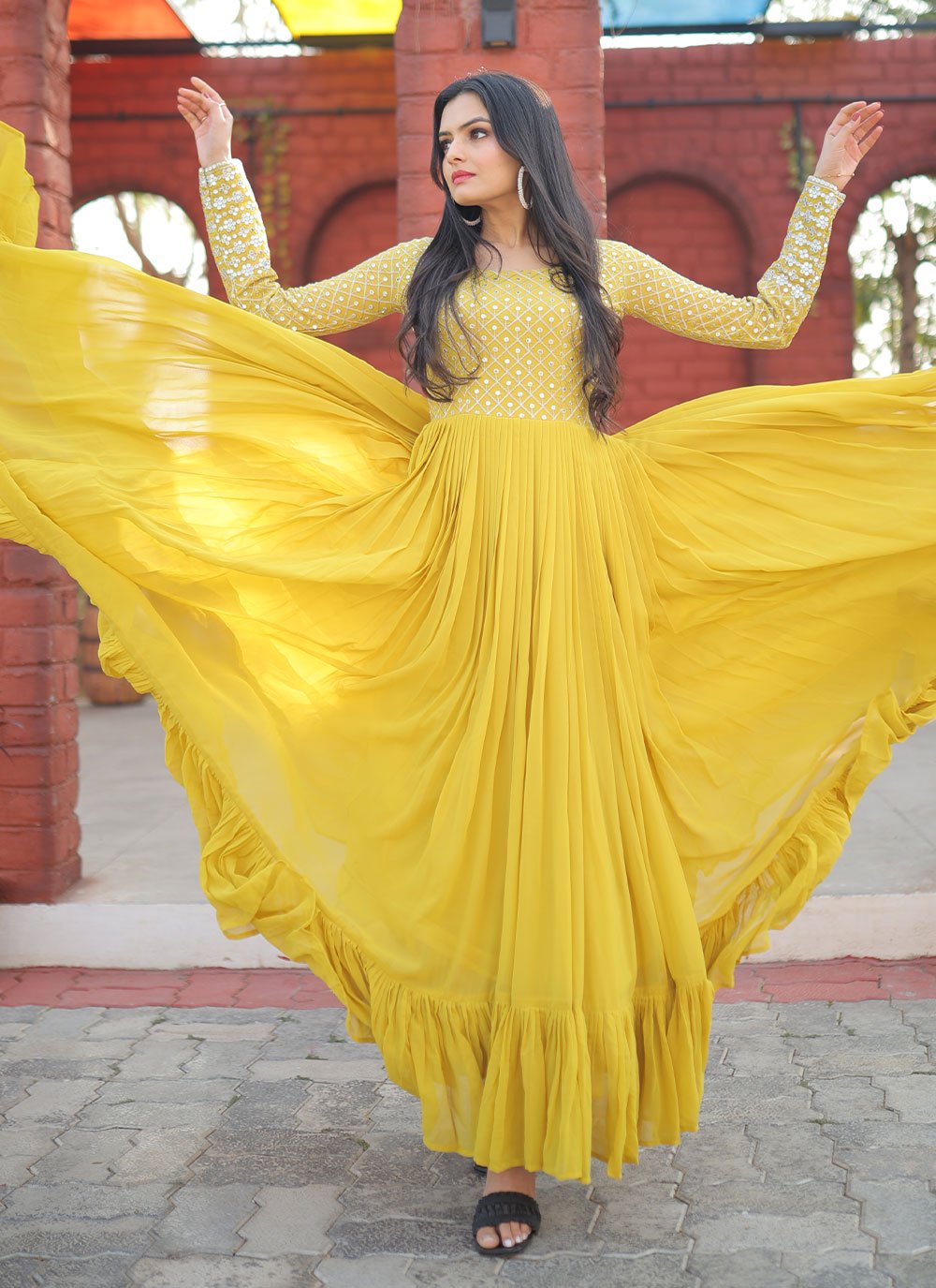 Gown Faux Georgette Yellow Embroidered Gown