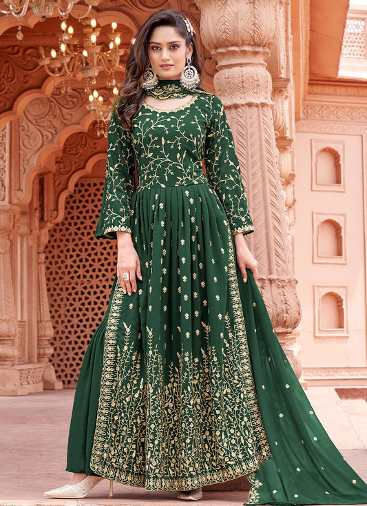 Floor Lenght Salwar Suit Faux Georgette Green Embroidered Salwar Kameez