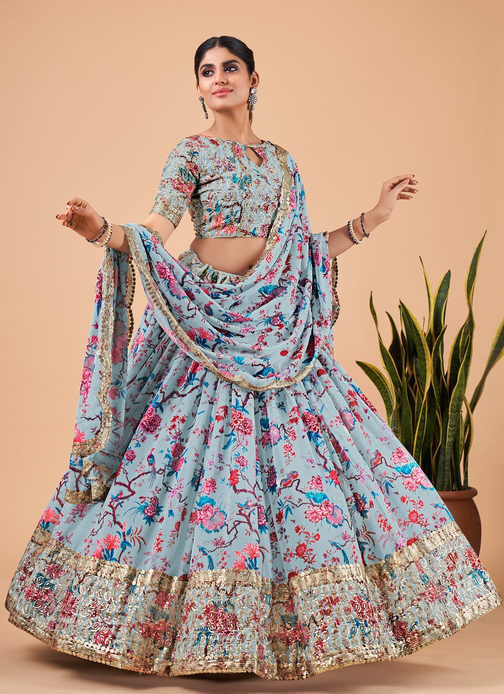 A Line Lehenga Faux Georgette Grey Embroidered Lehenga Choli