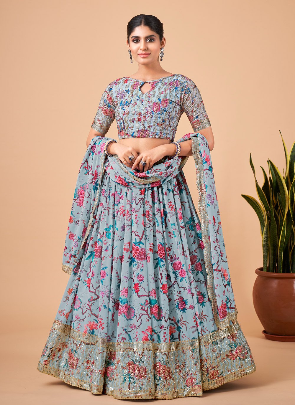 A Line Lehenga Faux Georgette Grey Embroidered Lehenga Choli