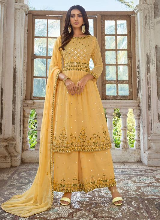 Floor Lenght Salwar Suit Faux Georgette Mustard Embroidered Salwar Kameez