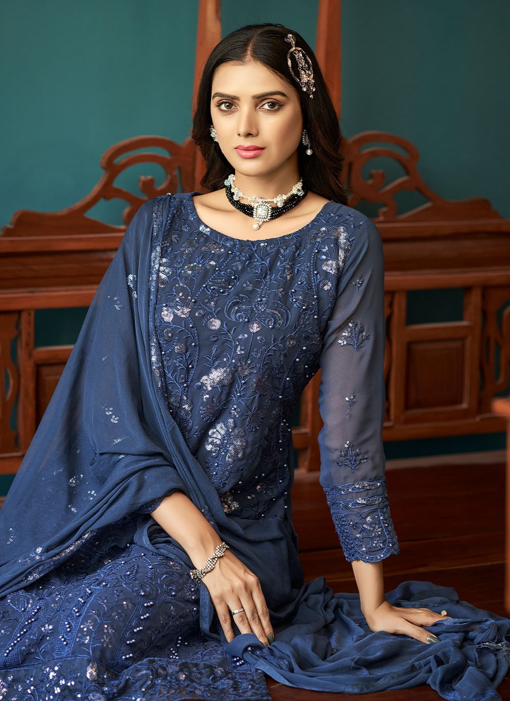 Pakistani Salwar Suit Faux Georgette Blue Embroidered Salwar Kameez