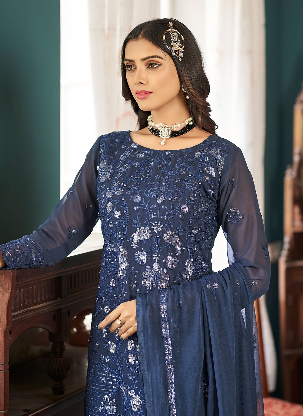 Pakistani Salwar Suit Faux Georgette Blue Embroidered Salwar Kameez