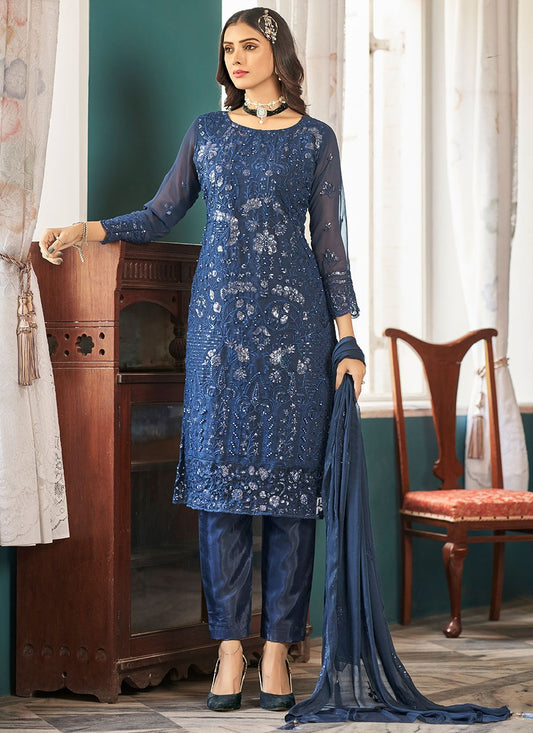 Pakistani Salwar Suit Faux Georgette Blue Embroidered Salwar Kameez