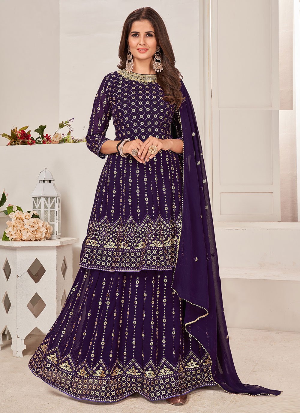 Palazzo Salwar Suit Faux Georgette Purple Embroidered Salwar Kameez