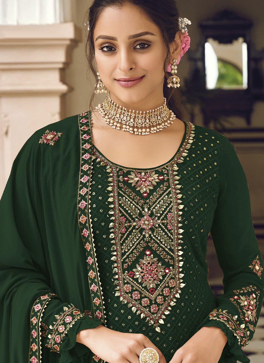 Straight Salwar Suit Faux Georgette Green Embroidered Salwar Kameez