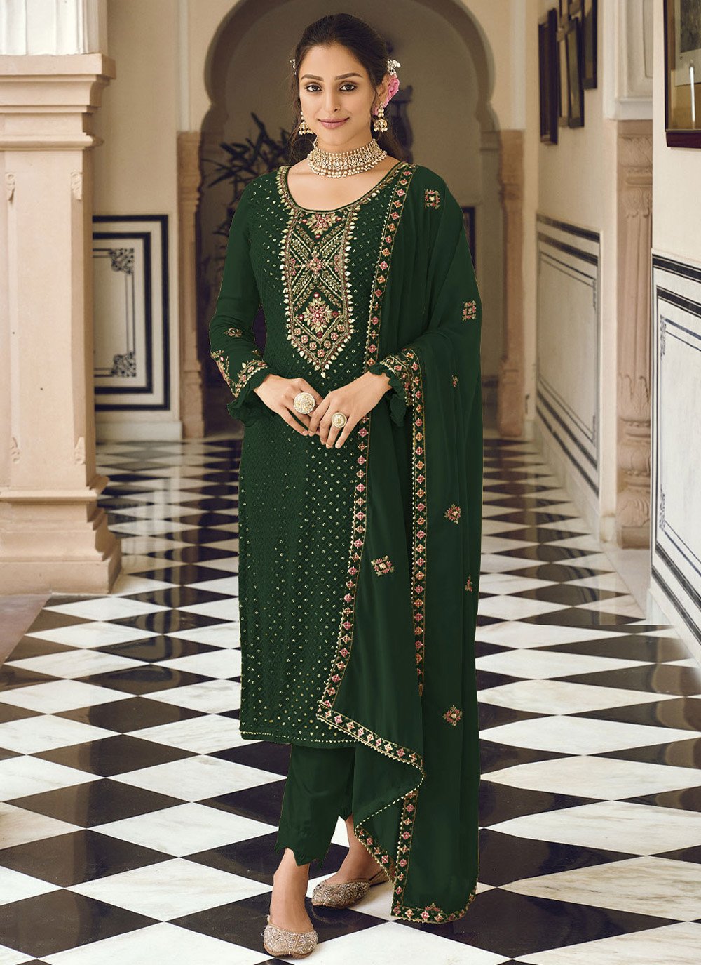 Straight Salwar Suit Faux Georgette Green Embroidered Salwar Kameez