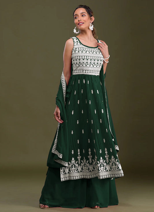 Straight Salwar Suit Faux Georgette Green Embroidered Salwar Kameez