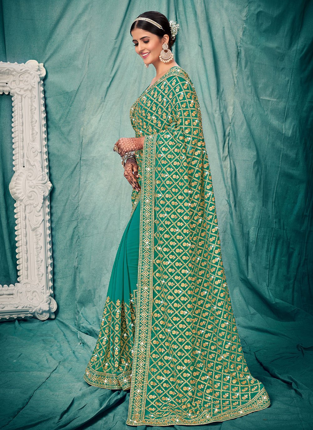 Trendy Saree Faux Georgette Teal Embroidered Saree