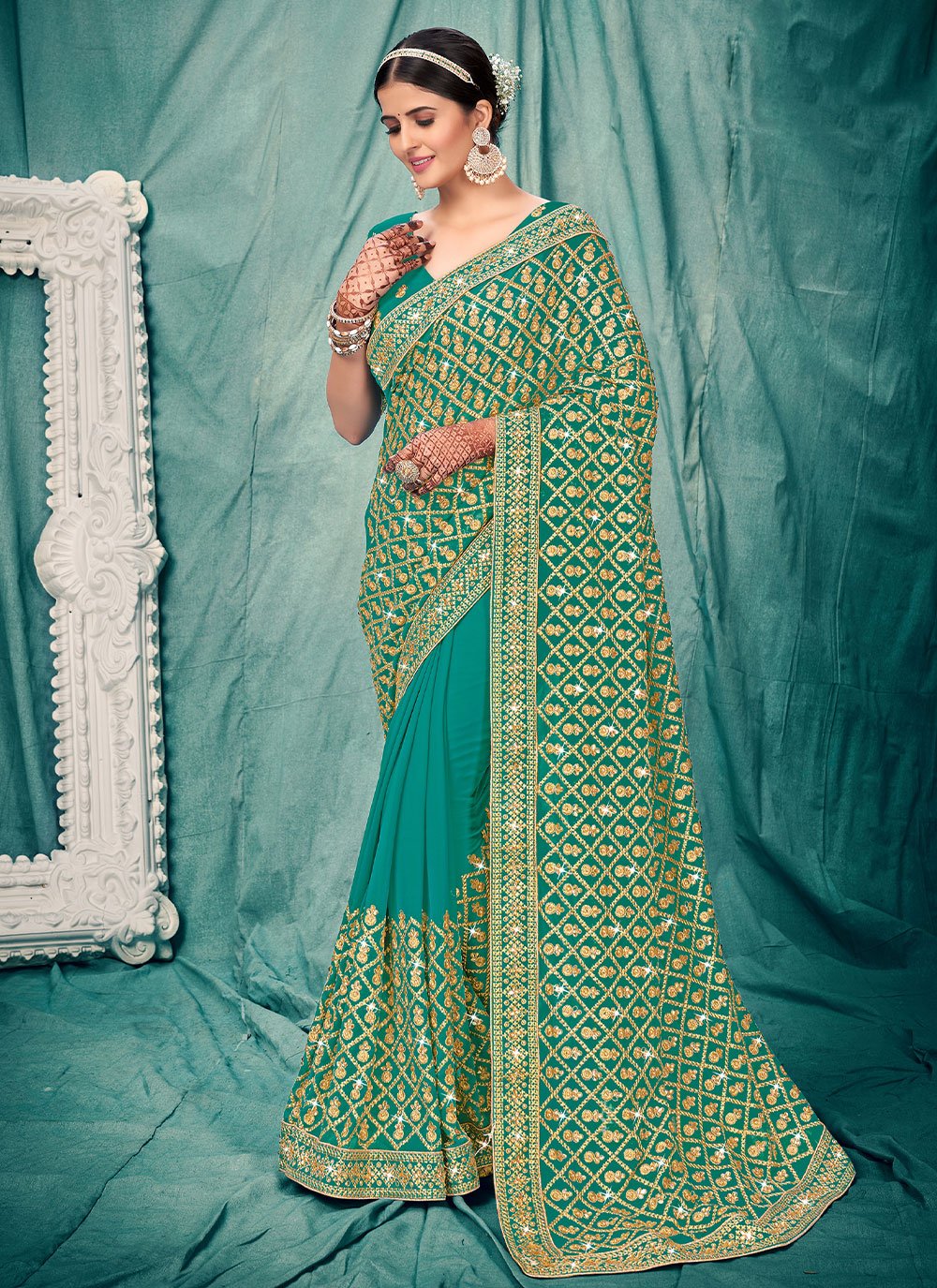 Trendy Saree Faux Georgette Teal Embroidered Saree