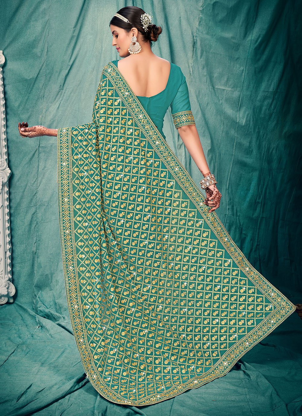 Trendy Saree Faux Georgette Teal Embroidered Saree