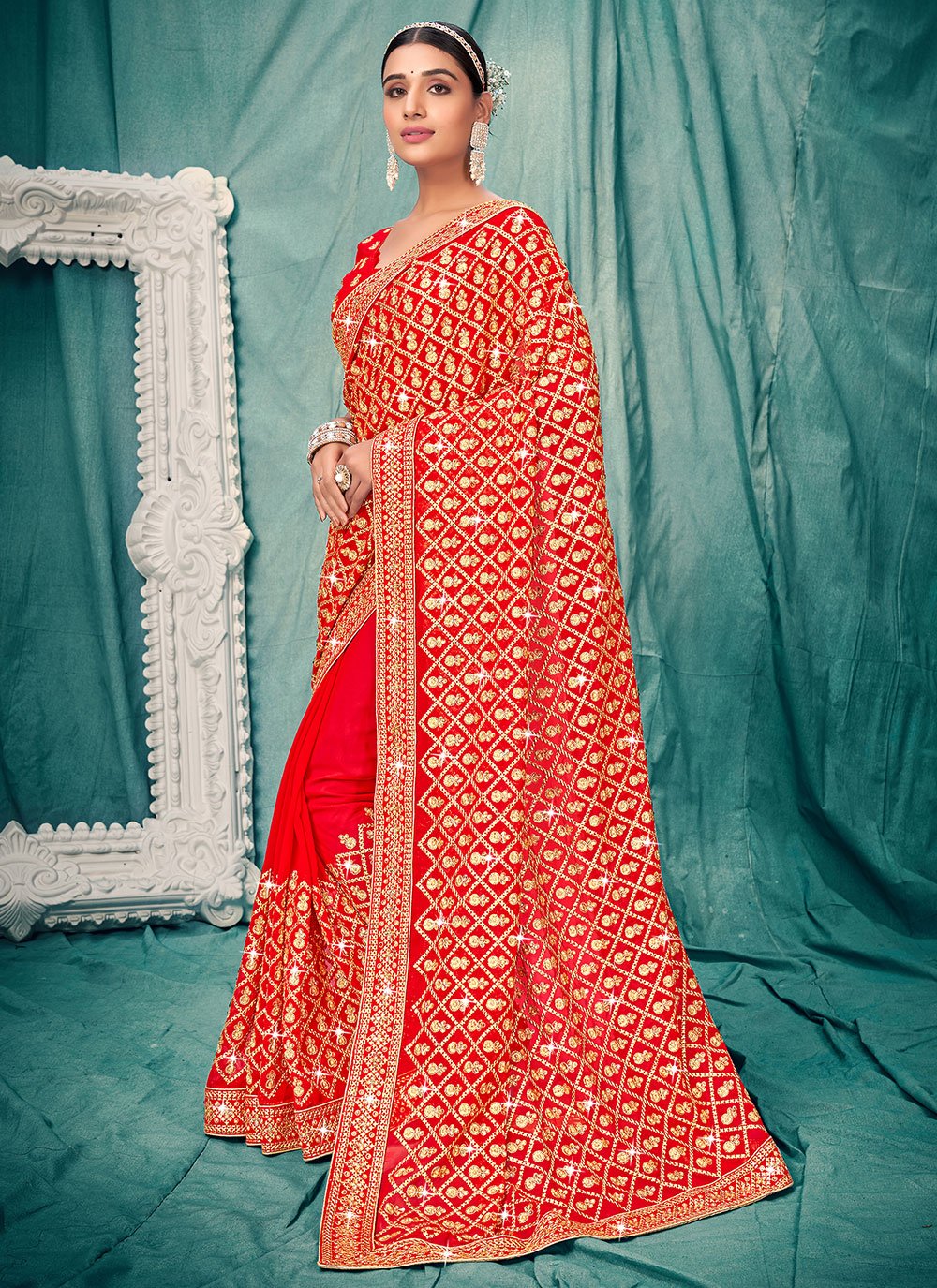 Traditional Saree Faux Georgette Red Embroidered Saree