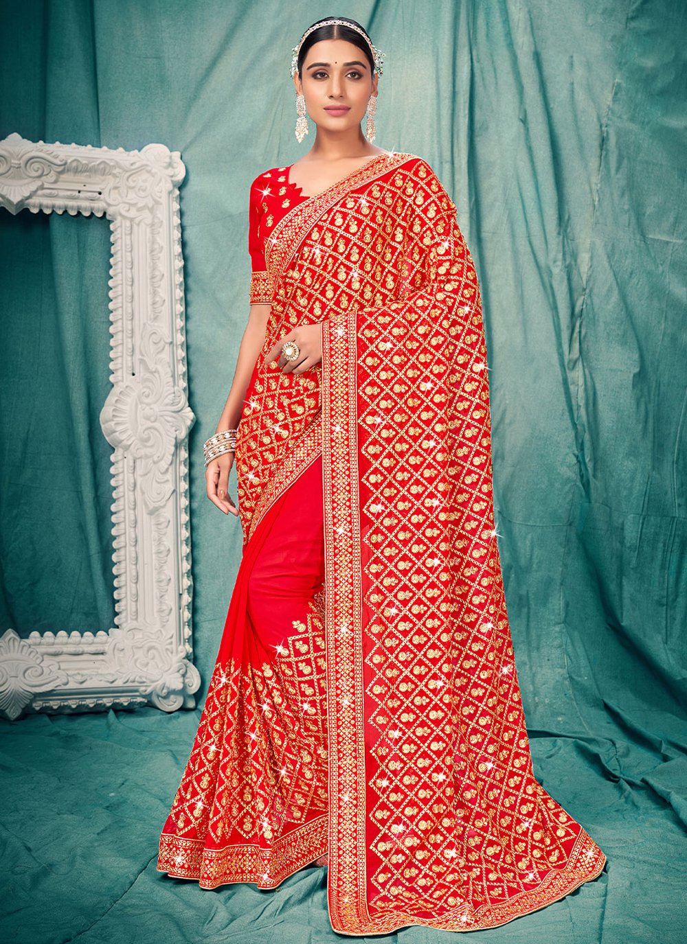 Traditional Saree Faux Georgette Red Embroidered Saree