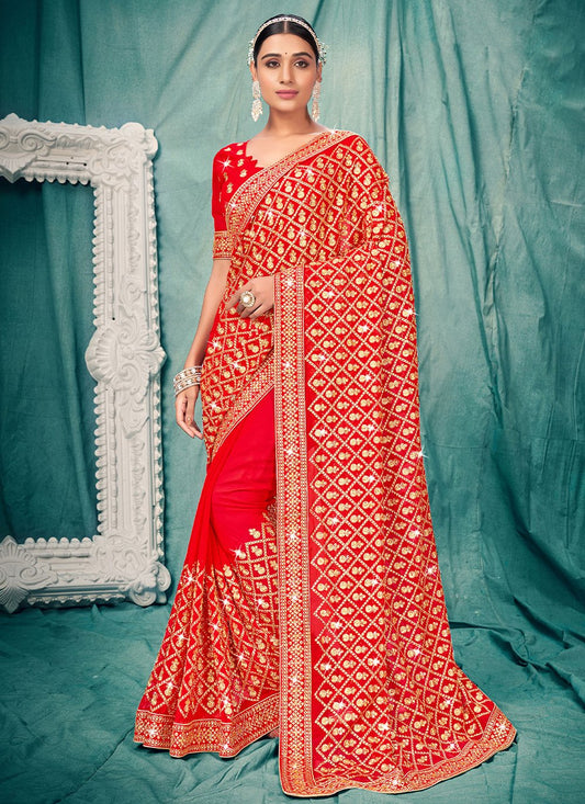 Traditional Saree Faux Georgette Red Embroidered Saree