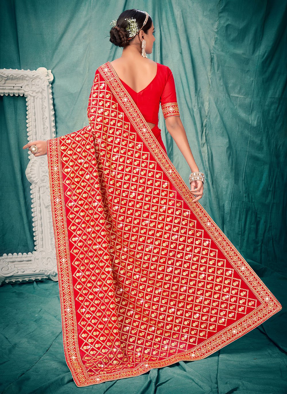 Traditional Saree Faux Georgette Red Embroidered Saree