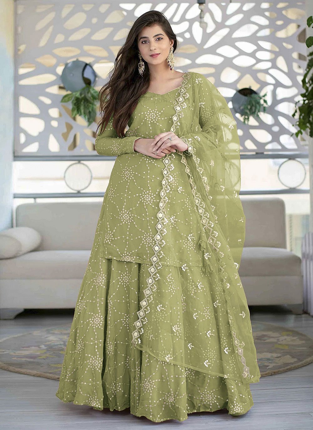 Lehenga Choli Faux Georgette Green Embroidered Lehenga Choli