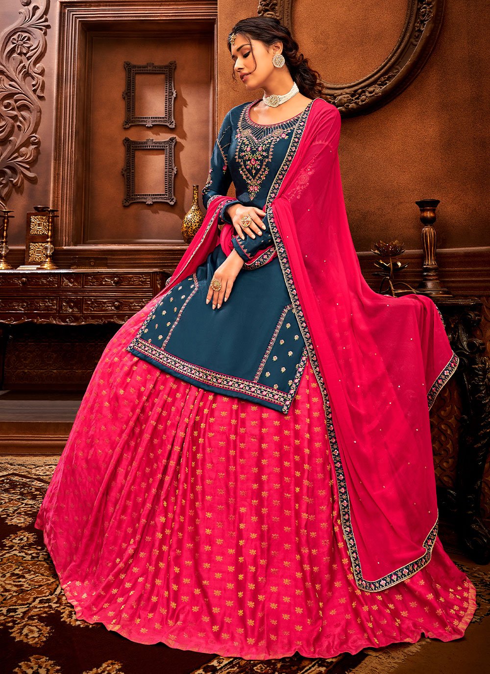 A Line Lehenga Satin Blue Embroidered Lehenga Choli