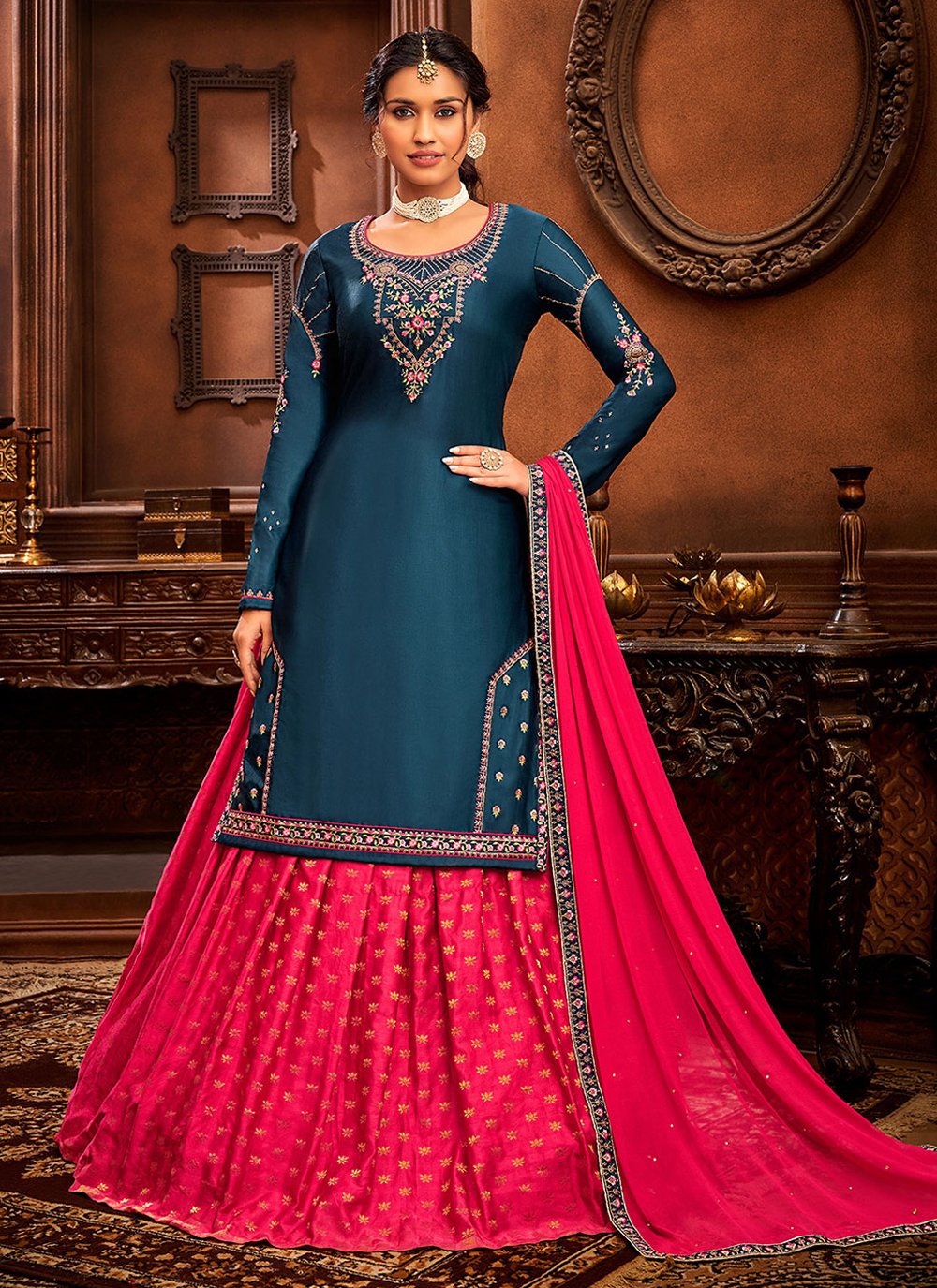 A Line Lehenga Satin Blue Embroidered Lehenga Choli