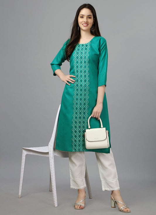 Casual Kurti Cotton Turquoise Embroidered Kurtis