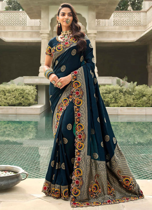 Classic Silk Teal Embroidered Saree