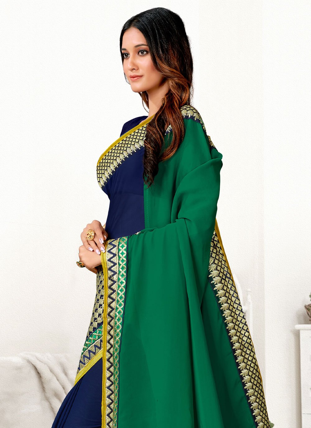 Classic Georgette Blue Green Embroidered Saree