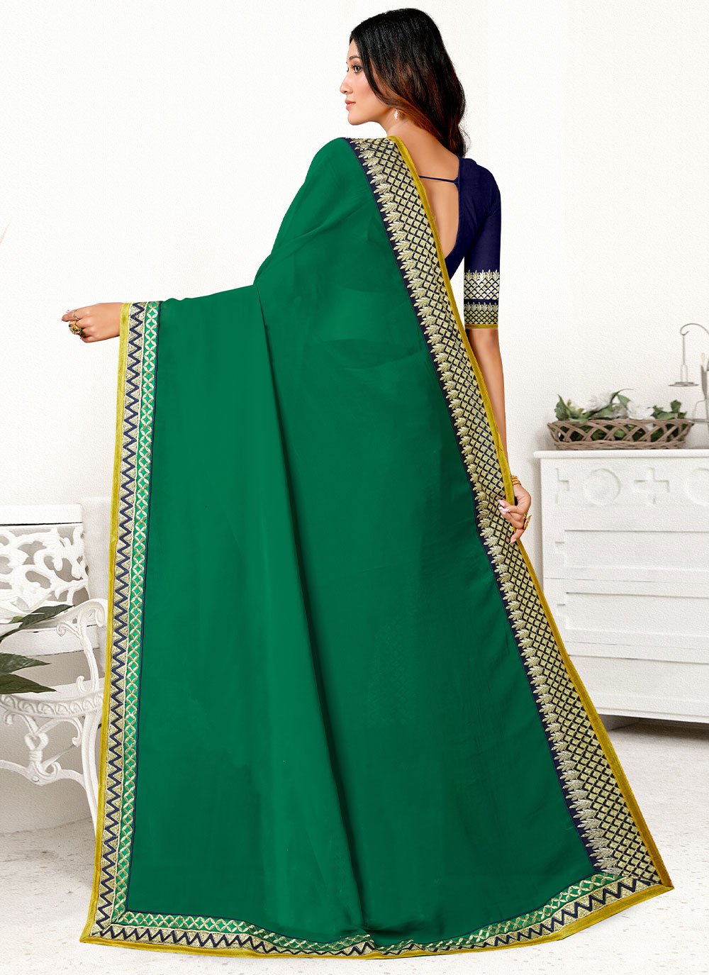 Classic Georgette Blue Green Embroidered Saree