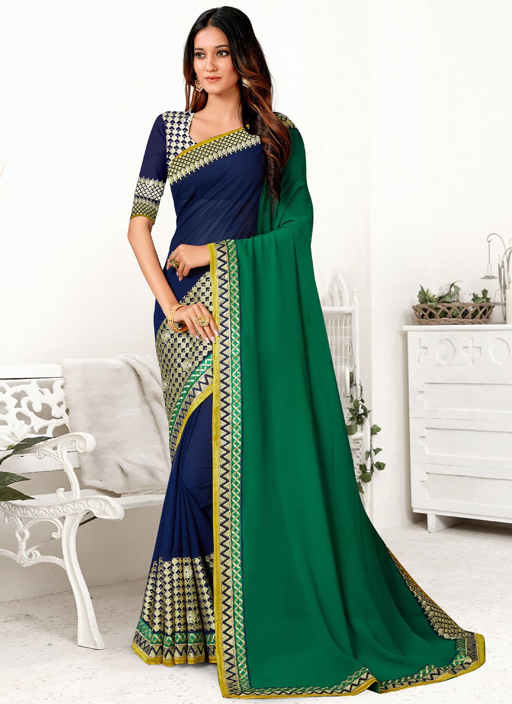 Classic Georgette Blue Green Embroidered Saree