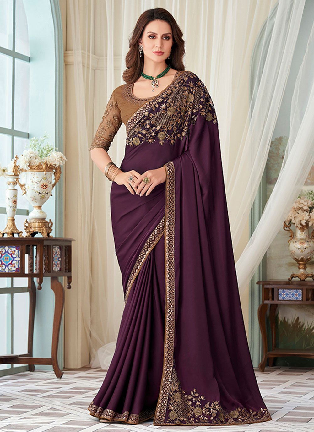 Classic Silk Wine Embroidered Saree