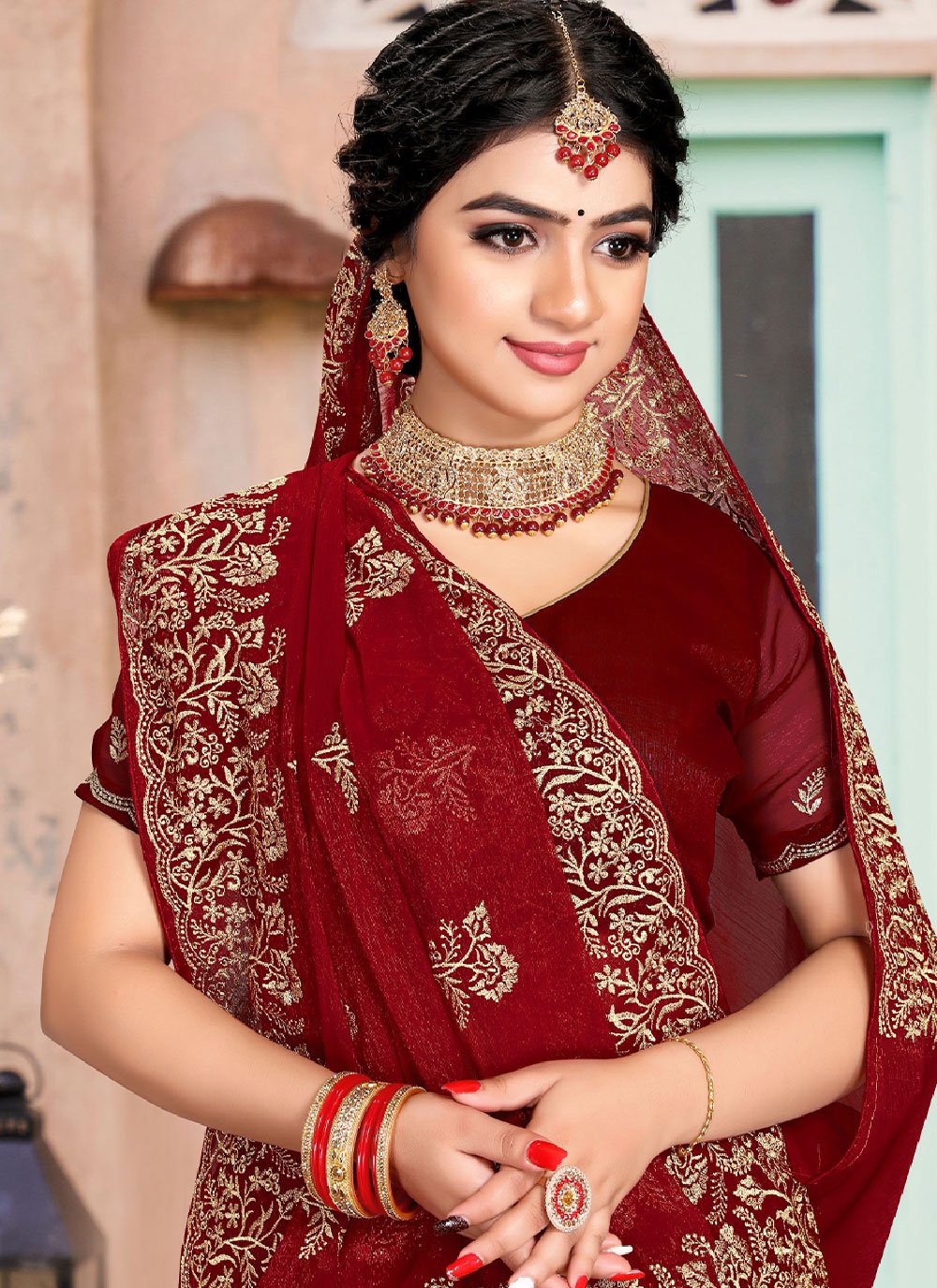 Contemporary Shimmer Silk Maroon Embroidered Saree