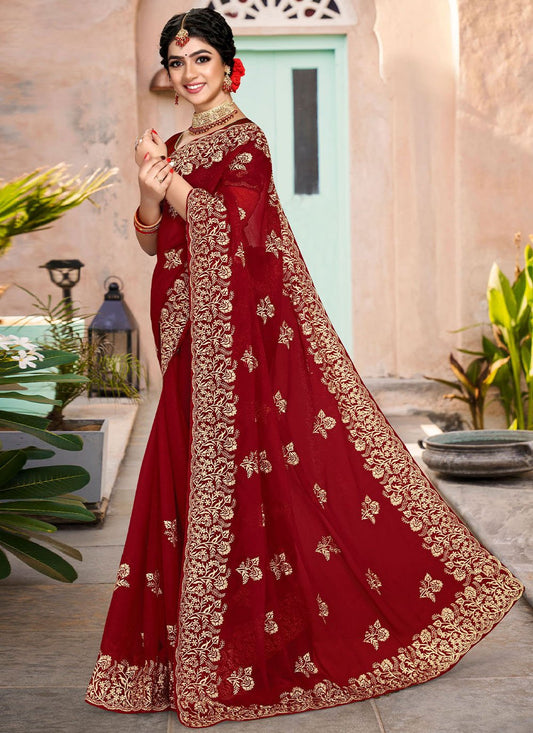 Contemporary Shimmer Silk Maroon Embroidered Saree