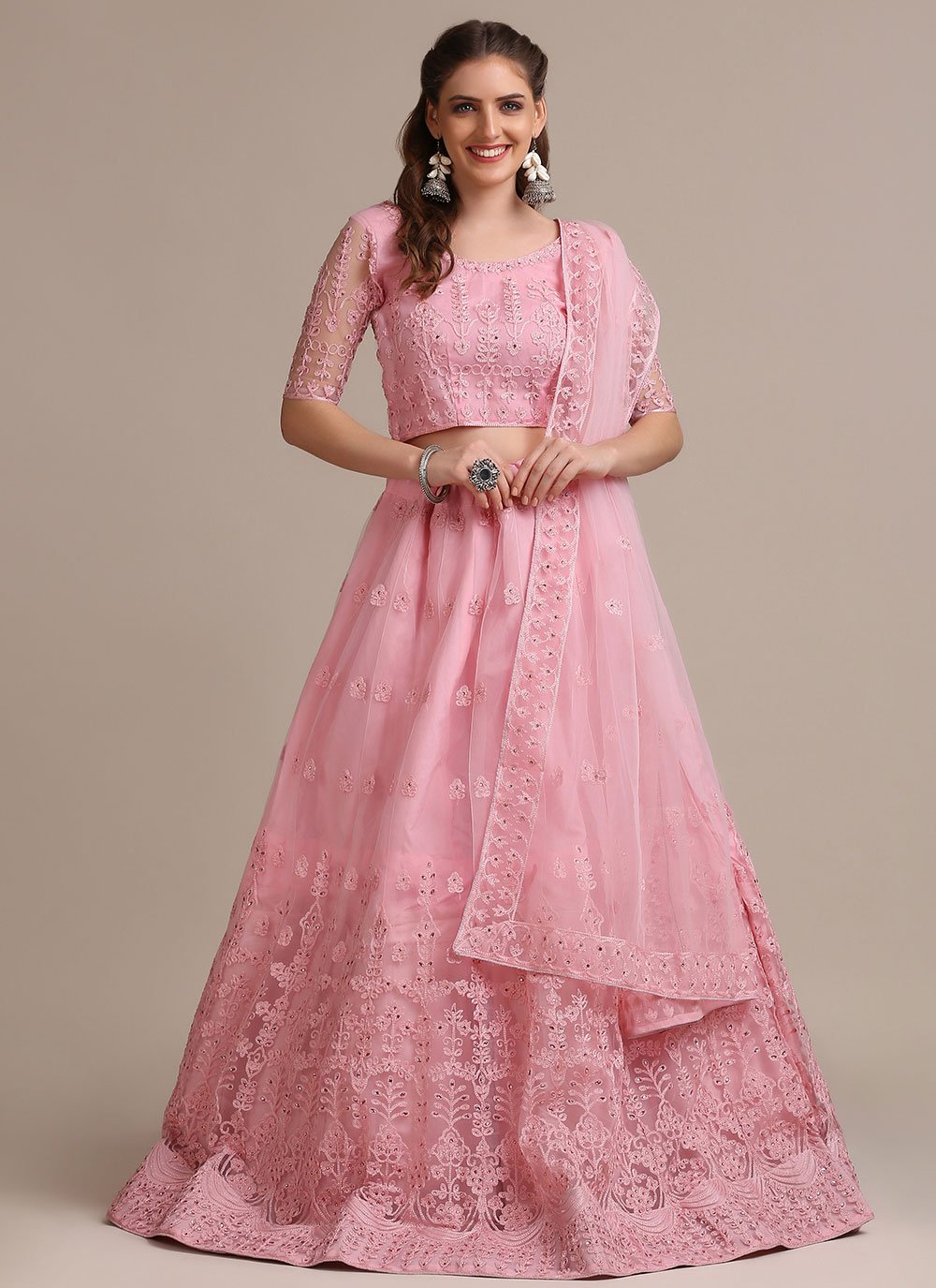 Lehenga Choli Net Pink Embroidered Lehenga Choli