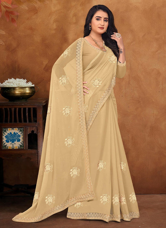 Designer Georgette Beige Embroidered Saree